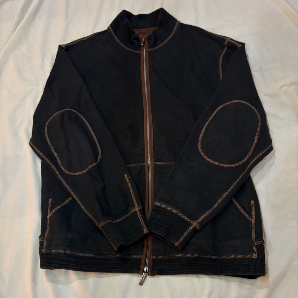 Tommy Bahama Large Black Cotton Full Zip Mock Neck Jacket Elbow Patch Stitching